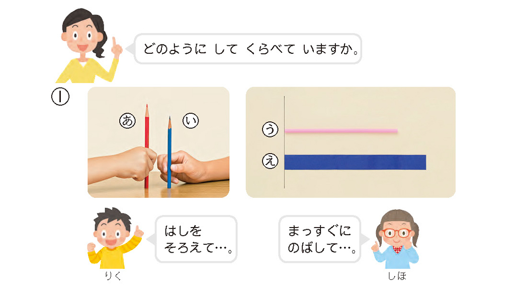 【今日の授業のひと工夫】【1年⑤】直接比較による比べ方を考え、表現する02